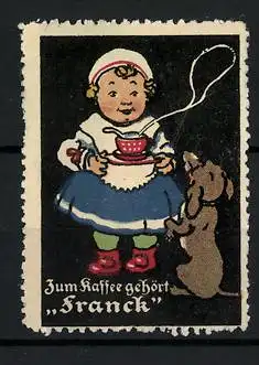 Reklamemarke Aecht Franck Kaffee, Mädchen mit Kaffeetasse und Dackel