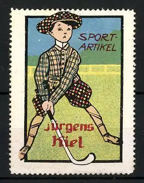 Reklamemarke Kiel, Sportartikel von Jürgens, Golfer mit Schläger