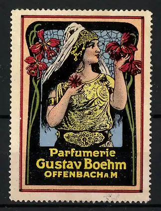 Reklamemarke Parfümerie Gustav Boehm, Offenbach a. M., Frau mit Blumen im Jugendstil