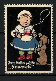 Reklamemarke Aecht Franck Kaffee, Mädchen mit Kaffeetasse und Dackel