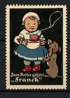 Reklamemarke Aecht Franck Kaffee, Mädchen mit Kaffeetasse und Dackel