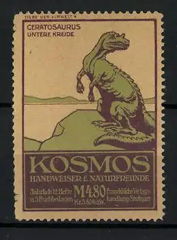 Reklamemarke Kosmos Handweiser f. Naturfreunde, Serie: Tiere der Vorwelt, Bild 4, Ceratosaurus, untere Kreide