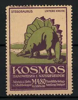 Reklamemarke Kosmos Handweiser f. Naturfreunde, Serie Tier der Vorwelt 5, Stegosaurus, Untere Kreide, Dinosaurier