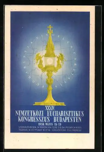 AK Budapest, XXXIV. Eucharistie Kongress 1938, goldener Pokal mit Engelsfiguren