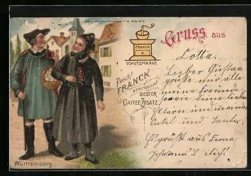 Lithographie Paar aus Württemberg in Tracht mit Franck-Kaffee