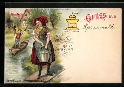 Lithographie Aecht Franck Caffee-Zusatz, Spreewälder in Tracht