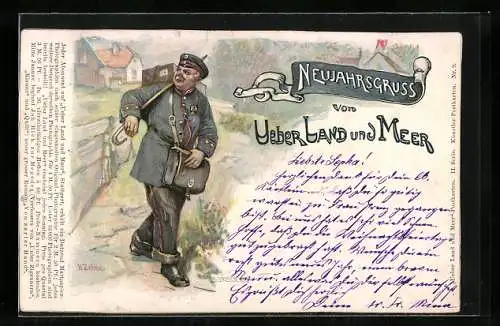 Lithographie Postbote bringt Briefe und Pakete von überall her