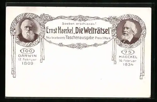 AK Ernst Haeckel, Die Welträtsel, Buchreklame, Darwin