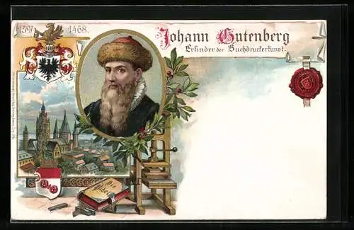 Lithographie Mainz, 500 jährige Gutenberg-Jubelfeier 1900, Buchdruck, Die Bibel, Wappen