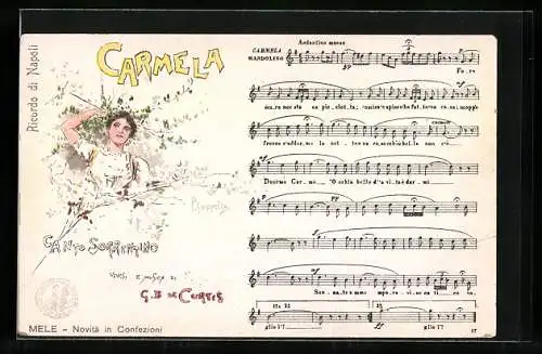 Lied-AK Carmela mit einer jungen Frau die durch einen Strauch läuft