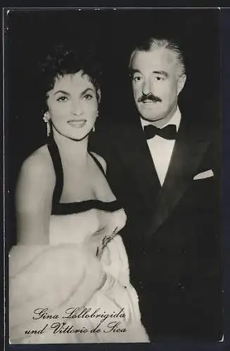 AK Schauspieler Gina Lollobrigida und Vittorio de Sica spielten zusammen u. a. in Brot, Liebe u. Phantasie