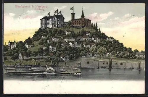 Künstler-AK Blankenese b. Hamburg, Süllberg mit Hotel und Dampfer Cobra