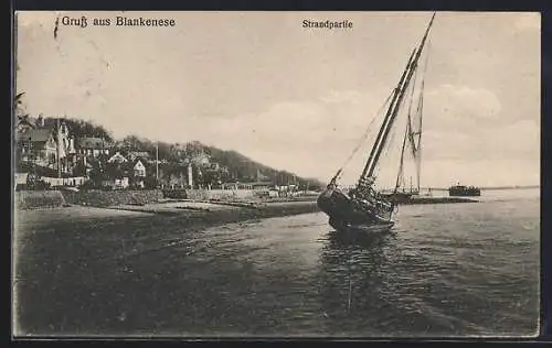 AK Hamburg-Blankenese, Strandpartie mit Segelboot