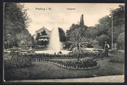 AK Freiburg i. Br., Stadtgarten mit Fontäne