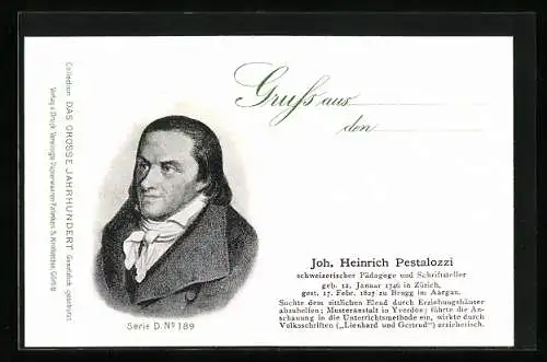 Künstler-AK Pädagoge und Schriftsteller Joh. Heinrich Pestalozzi