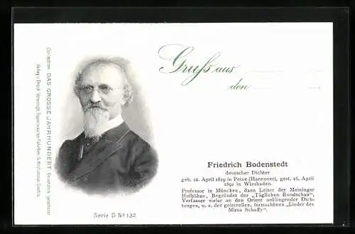 AK Portrait vom deutschen Dichter Friedrich Bodenstedt