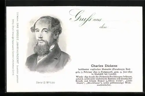 AK Portrait Schrifsteller Charles Dickens mit Bart im Anzug