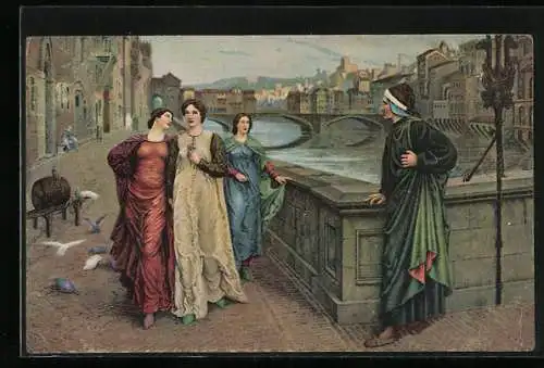 AK Alighieri Dante begegnet Beatrice in Florenz