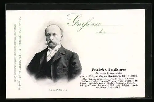 AK Portrait deutscher Romandichter Friedrich Spielhagen