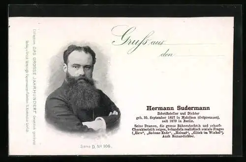 AK Portrait des Dichters Hermann Sudermann