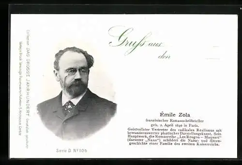 AK Portrait Schriftsteller Émile Zola mit Zwicker im Anzug