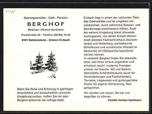 AK Erzbach, Pension Berghof, Bes. Fam. Helmut Hartmann