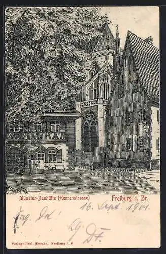 Künstler-AK Freiburg i. Br., Münster-Bauhütte in der Herrenstrasse