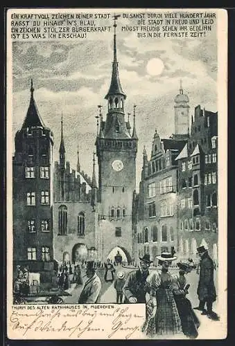 Lithographie München-Au, Turm des alten Rathauses bei Mondschein