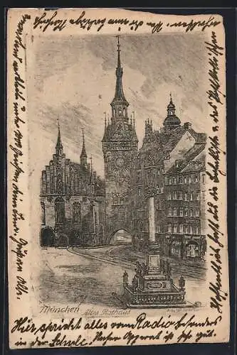 Künstler-AK München-Au, Altes Rathaus mit Denkmal