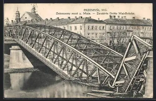 AK Przemysl, Ansicht der zerstörten Dritte Mai-Brücke im Jahre 1915