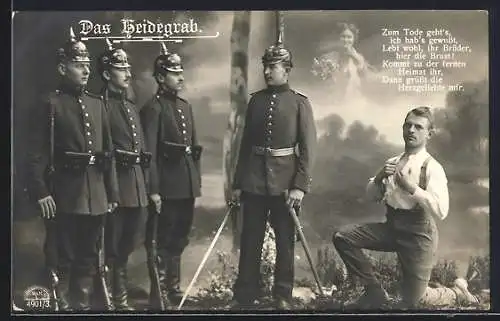 AK Das Heidegrab, Zum Tode geht`s..., Soldaten mit Sachsen-Pickelhaube und Deserteur, Montage