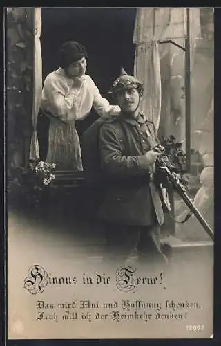 Foto-AK NPG Nr. 12662: Soldat mit Pickelhaube steht an einem Fenster