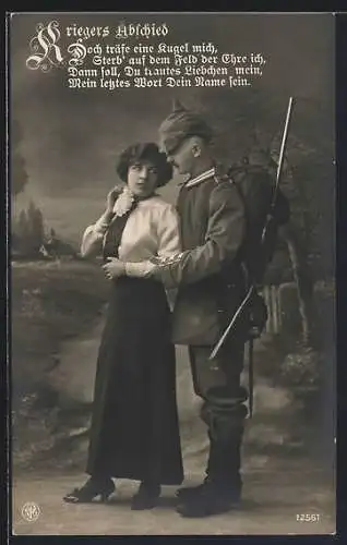 Foto-AK NPG Nr. 12561: Kriegers Abschied, Gardesoldat mit Pickelhaube-Tarnbezug