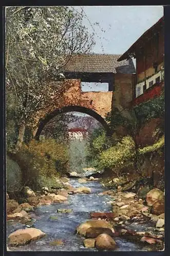 Künstler-AK Photochromie Nr. 2721: Flusspartie mit Brücke in Tirol