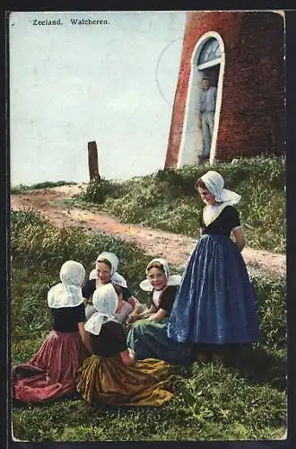 Künstler-AK Photochromie Nr. 2953: Walcheren in Zeeland, Junge Mädchen am Leuchtturm