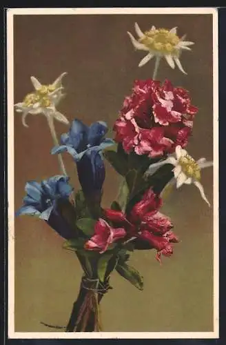 Künstler-AK Photochromie Nr. 1359: Blumenstrauss mit Edelweiss, sowie roten und blauen Blumen