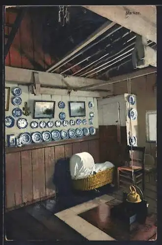 Künstler-AK Photochromie Nr. 2954: Marken, Szene in einem Wohnhaus, das Kinderbett an der Wand stehend