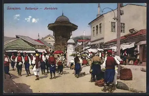 AK Sarajewo, Bascarsija, Marktplatz mit Strassenhändlern