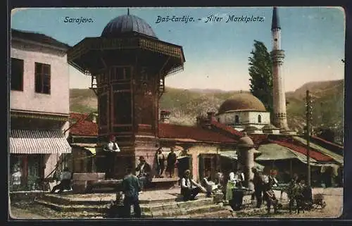 AK Sarajewo, Bas-Carsija, Partie auf dem alten Marktplatz, Moschee mit Minarett, Rückseite Stempel K.u.k. Spital Nr. 25