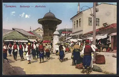 AK Sarajewo, Bascarsija, Marktplatz mit Strassenhändlern