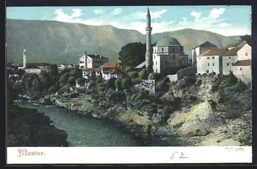 AK Mostar, Ortsansicht mit Flusslauf und Moschee