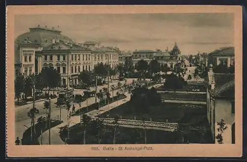 AK Braila, St. Archangel-Platz, Strassenbahn