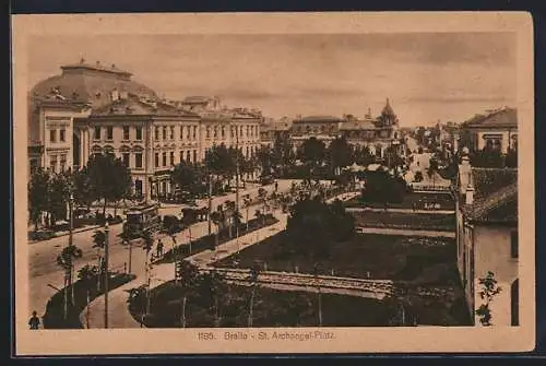 AK Braila, St. Archangel-Platz, Strassenbahn