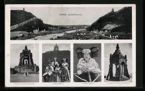 AK Porta Westfalika, Panorama mit Kaiser Wilhelm Denkmal, Landestracht