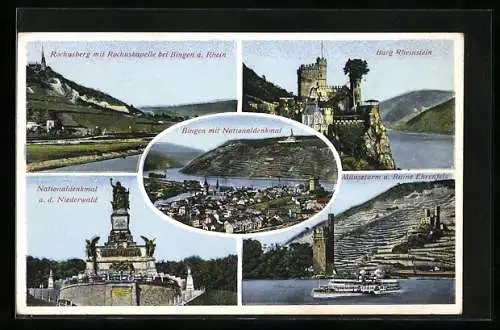 AK Bingen, Teilansicht mit Nationaldenkmal, Burg Rheinstein, Mäuseturm und Ruine Ehrenfels