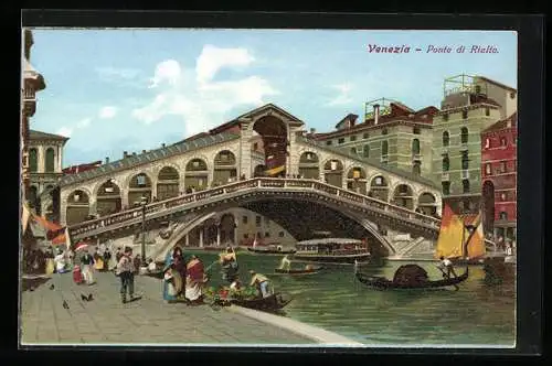 Lithographie Venezia, Ponte di Rialto mit Gondeln