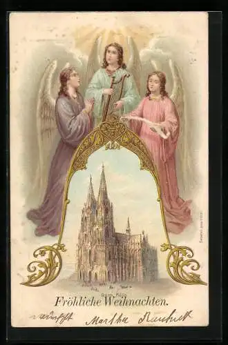 Lithographie Köln, Dom, Drei Engel mit Harfe, Weihnachtsgruss