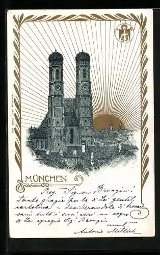 Künstler-AK München, Frauenkirche vor der aufgehenden Sonne