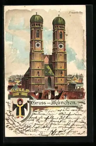 Lithographie München, Blick zur Frauenkirche, Wappen