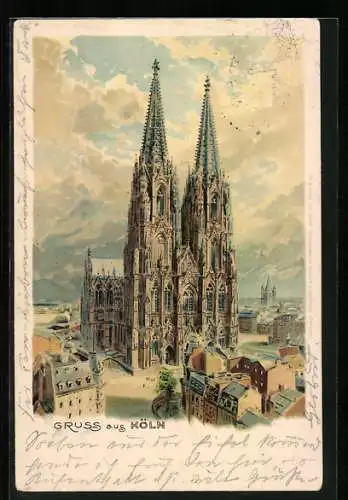 Lithographie Köln, Blick zum Dom